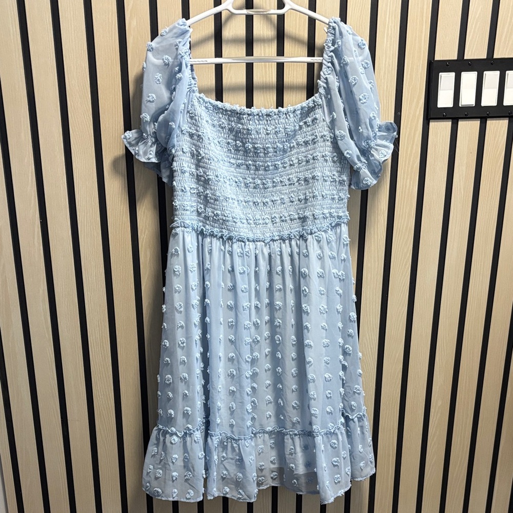 Light Blue Smocked Dress with Puff Sleeves
